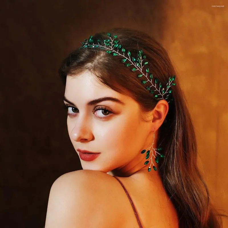 Haarspeldjes Groen Paars Kristal Haarbanden Oorbellen Bruiloft Sieraden Set Accessoires Handgemaakte Hoofddecoratie Tiara Hoofdbanden