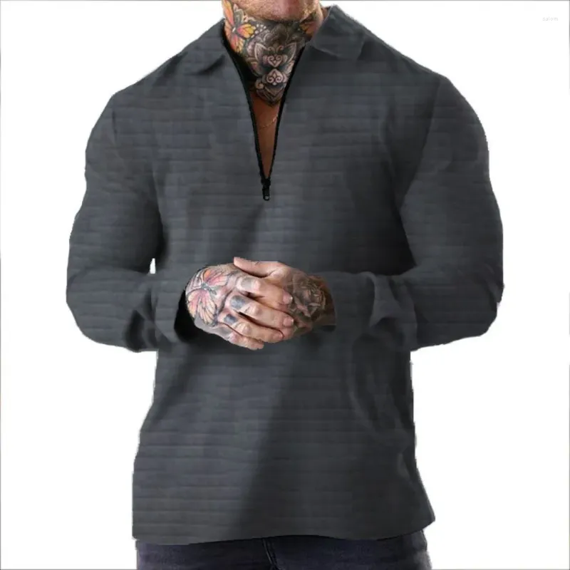 Suéter Masculino Moda Grande Sólido Casual Top Zíper Waffle Manga Longa Camisa Esportiva Fitness Ao Ar Livre Camiseta