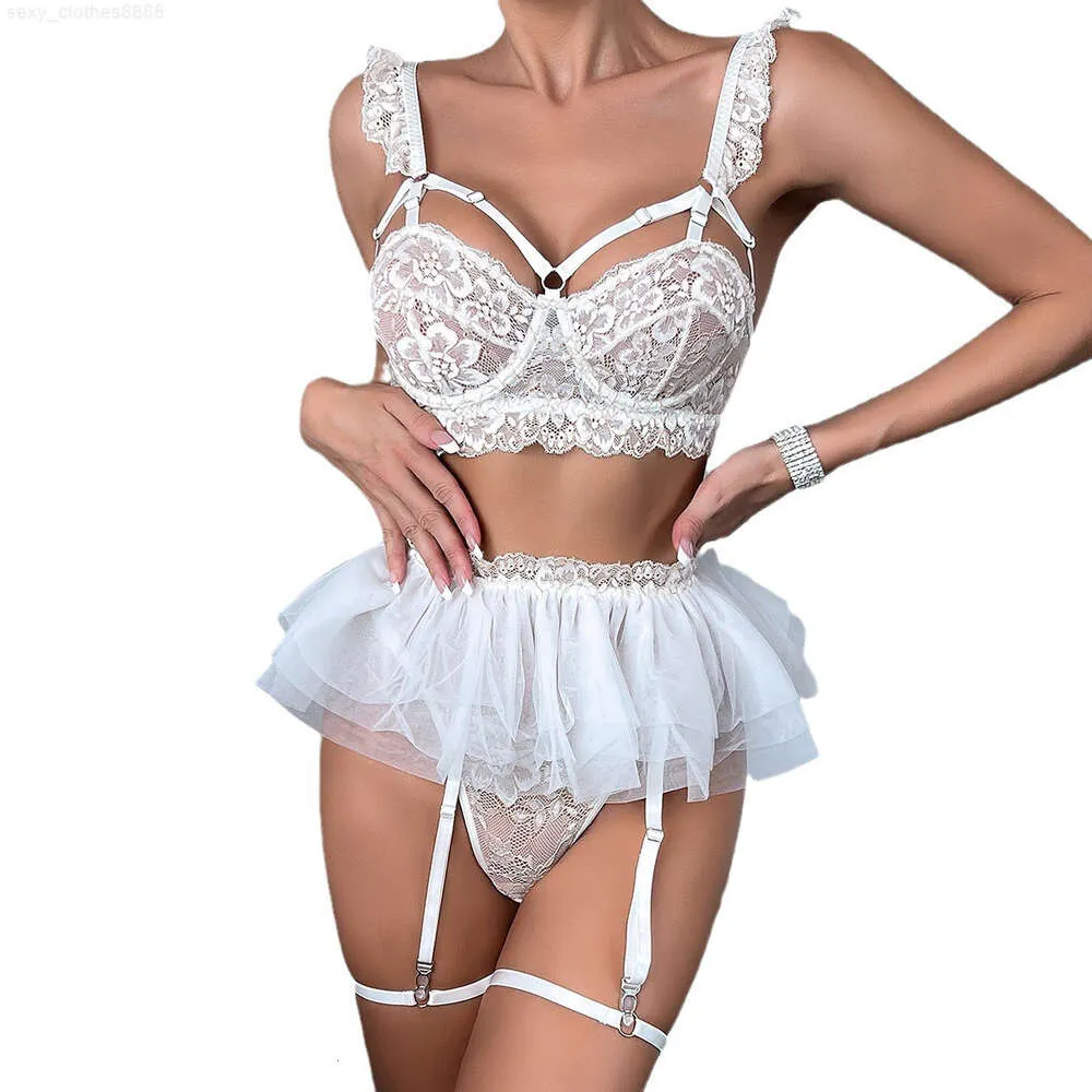 sexy lingerie eu Big Stockings Black Mysterious Lace Hollow Out Cutout Lace Strap Slimming  Sexy Goddess Sexy Lingerie Four Piece Set