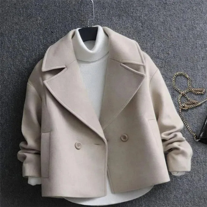 Женское полушерстяное пальто, осенне-зимнее шерстяное пальто, женское короткое, тонкое, модное, двубортный костюм с воротником, кардиган, шерстяная куртка, женская верхняя одежда 231030