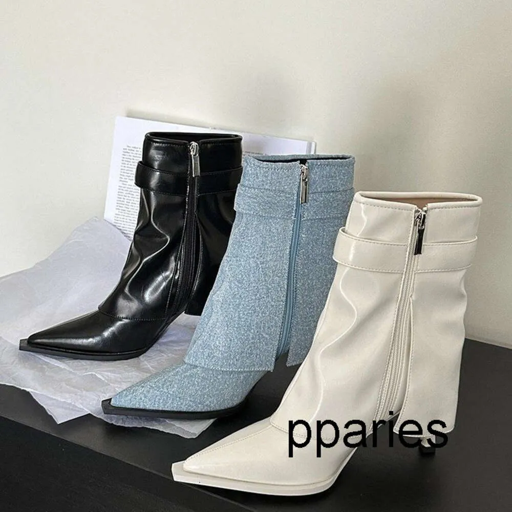 No logo Fashion Pparies- Small niche design high heeled short boot style autumn style Spicy Girl Boots Children's pointed toe thin heels white mid leg pants boots