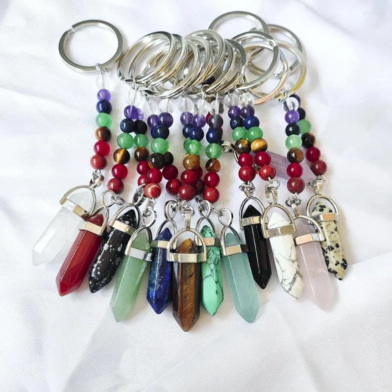 Keychains 15st Natural Stone 7 Chakra Pärlor Hexagon Prism Key Rings kedjor Läkande kristallnyckel för kvinnor män