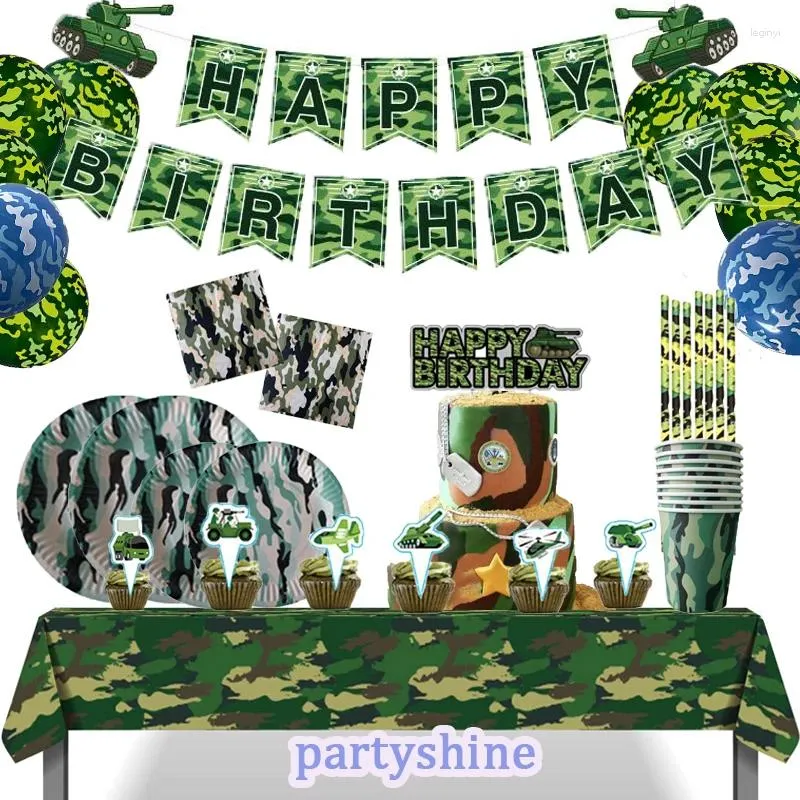 Decorazione per feste Forniture a tema militare mimetico Banner Stoviglie Piatto da pranzo verde militare per il compleanno di guerra