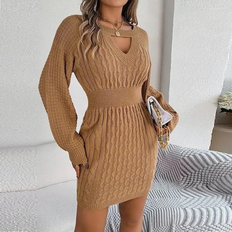 Casual Dresses Loose Tvists Knit Sweater Dress Autumn Winter Women 2023 Hollow Out V-Neck Full Lantern Sleeve Hip Mini