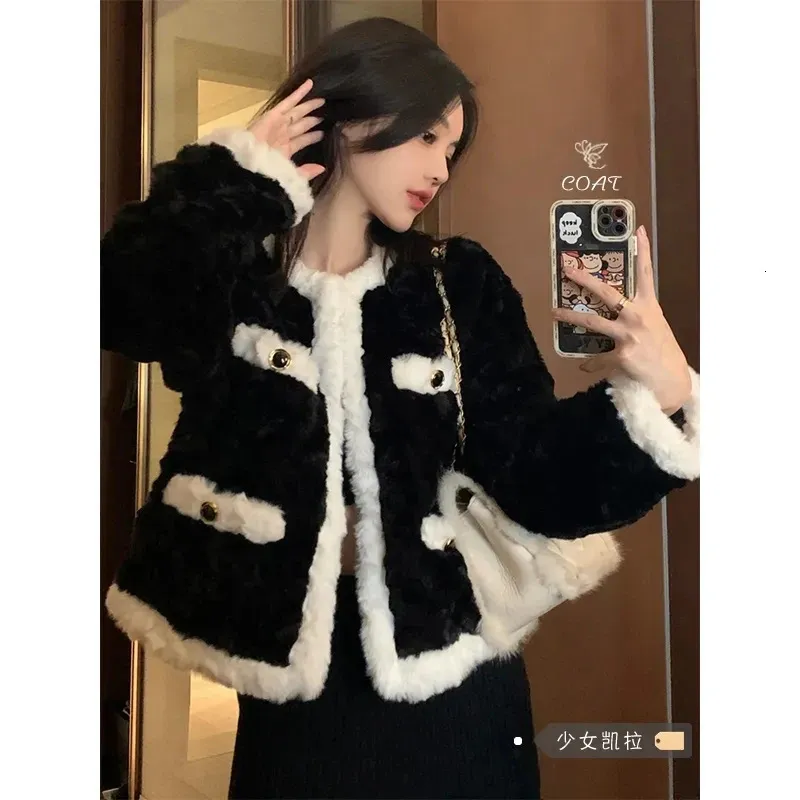 Women's Fur Faux 2023 Autumn Winter Women Korean Elegant Coats Lady Single Breasted Oneck Sweet Overcoats Office Lady Coats 231030