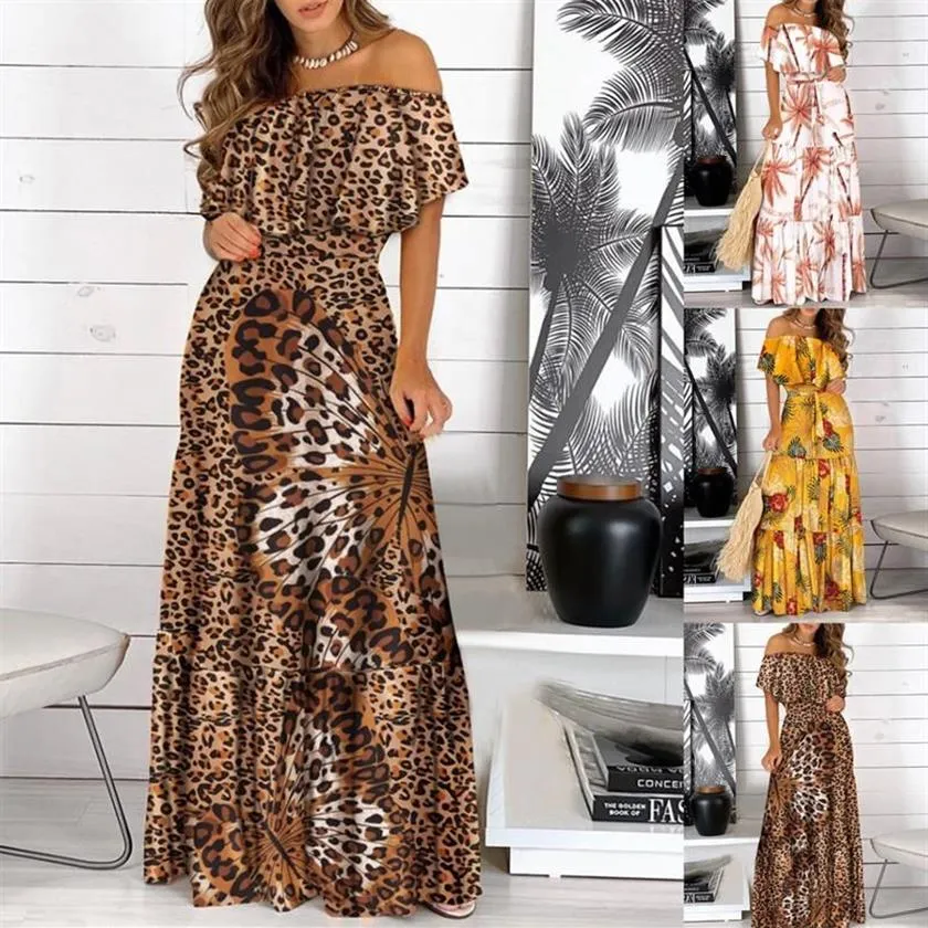 Abiti casual 2022 Moda Leopard Robe Stampa Abito lungo Ruffle Maxi Vestito estivo Bohemian Donna Estate Sexy Elegante senza spalline Vestid248S