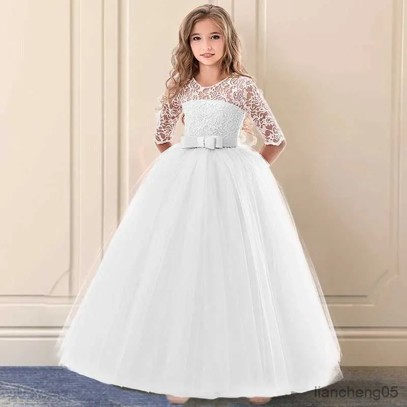 Girl's Dresses White 1st Communion Girl Dress Lace Flower Bridesmaid Wedding Costume 6-14 Children Birthday Party Gala Long