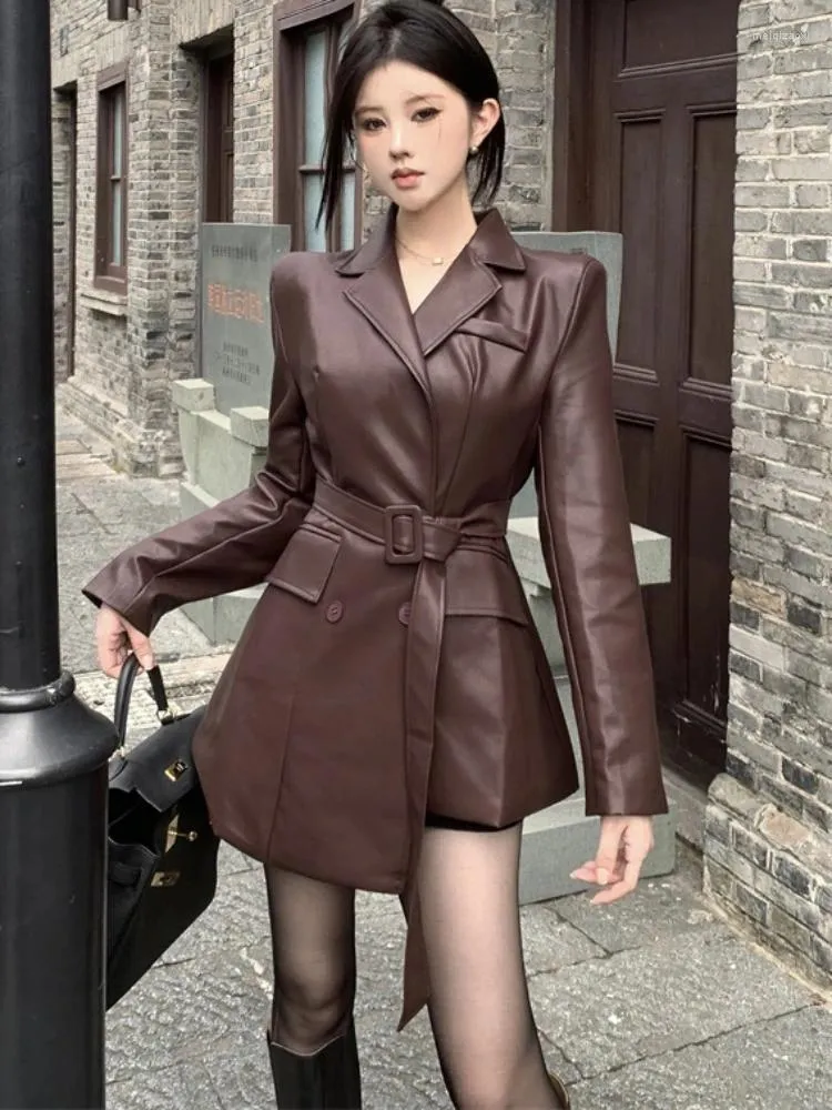 Women's Jackets French Sweet Girl Versatile Leather Coat Winter Long Sleeve Casual PU Lace-up Trench Jacket Female Clothes