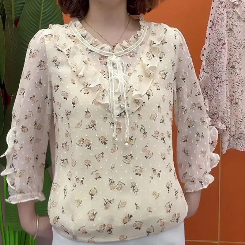 Camicette da donna Office Lady Elegante camicia impiombata con volant Primavera Autunno Fiori stampati Abbigliamento Elegante camicetta con coulisse girocollo