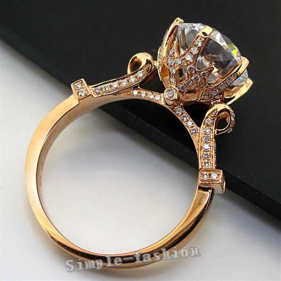 Luxury Jewelry Rose Gold Round cut 2ct Stone Diamond 925 Sterling Silver Engagement Wedding Band Ring for women324a