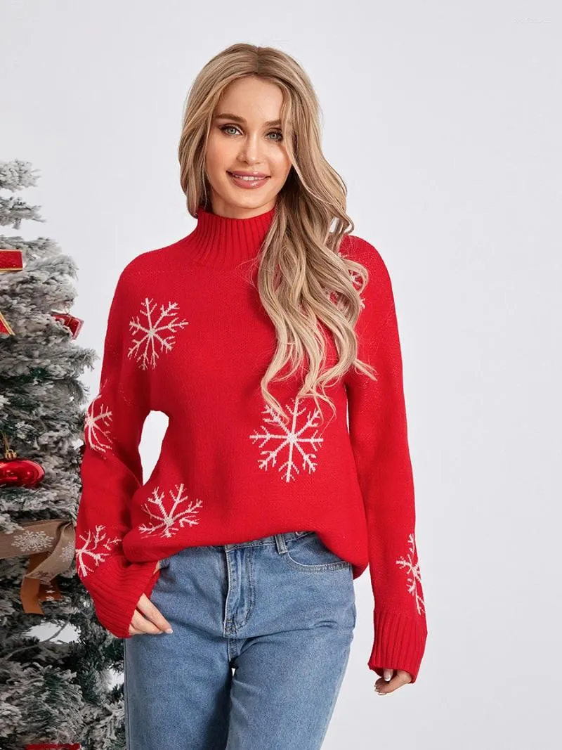 Swetry kobiet Wsevypo Snowflake Jacquard Christmas z długim rękawem Turtleeck Knit Pullover Fall Winter Lose Skoczki