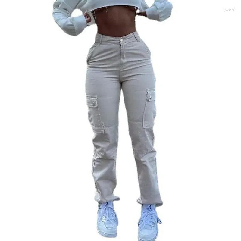 Jeans pour femmes Mode Femmes Jambe droite Pantalon cargo Taille haute Poches Casual Baggy Y2K Denim Hip Hop Streetwear Joggers Pantalon