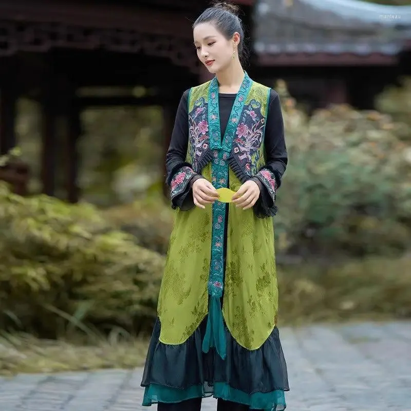 Coletes femininas 2023 design estilo étnico outono inverno sem mangas colete colete jaqueta vintage cetim bordado longo casaco chinês z3187