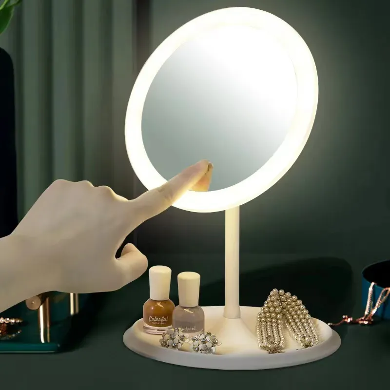 Miroir de maquillage à LED compact avec lampe lumineuse avec rangement de bureau miroir cosmétique rotatif lumière réglable gradation miroir de vanité USB 231030