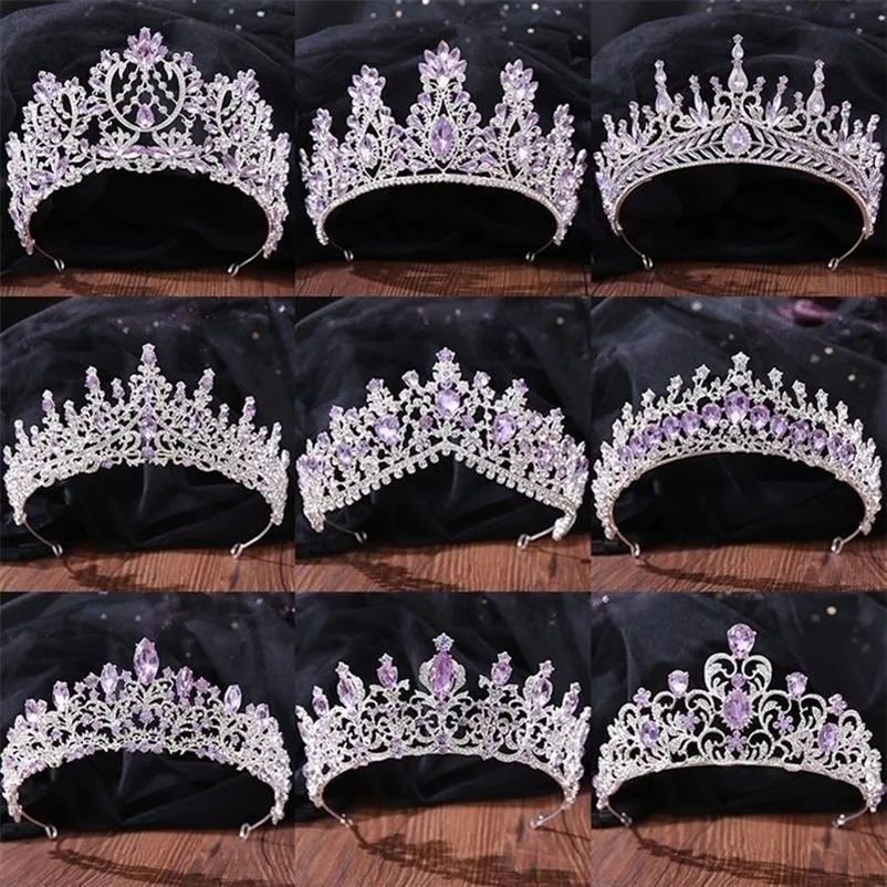 Bijoux de cheveux de mariage couleur argent mode violet lilas cristal diadème couronnes reine rois princesse accessoires diadèmes de mariée 2210122048