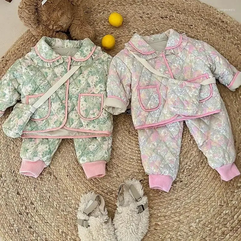 Kleidung Sets Herbst Winter Kinder Mädchen Kleidung Set Baumwolle Dicken Blumen Anzug Langarm Einreiher Outfit