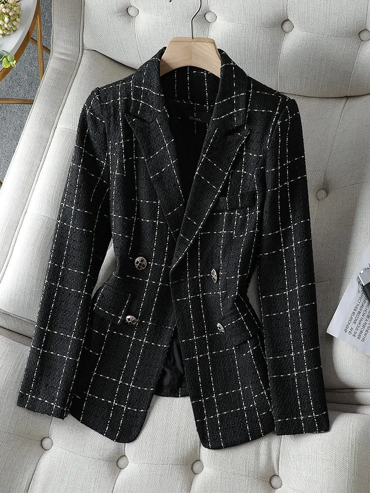 Kvinnors kostymer blazers svartvita rutiga damer casual blazer kvinnor höst vinter långärmad dubbel bröst kappjacka 231030