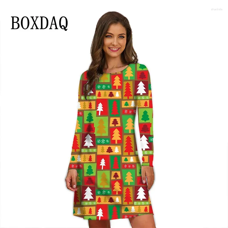 Robes décontractées Multicolore Robe de fête d'arbre de Noël Femmes élégantes Motif d'impression à manches longues Automne Hiver Surdimensionné Mini