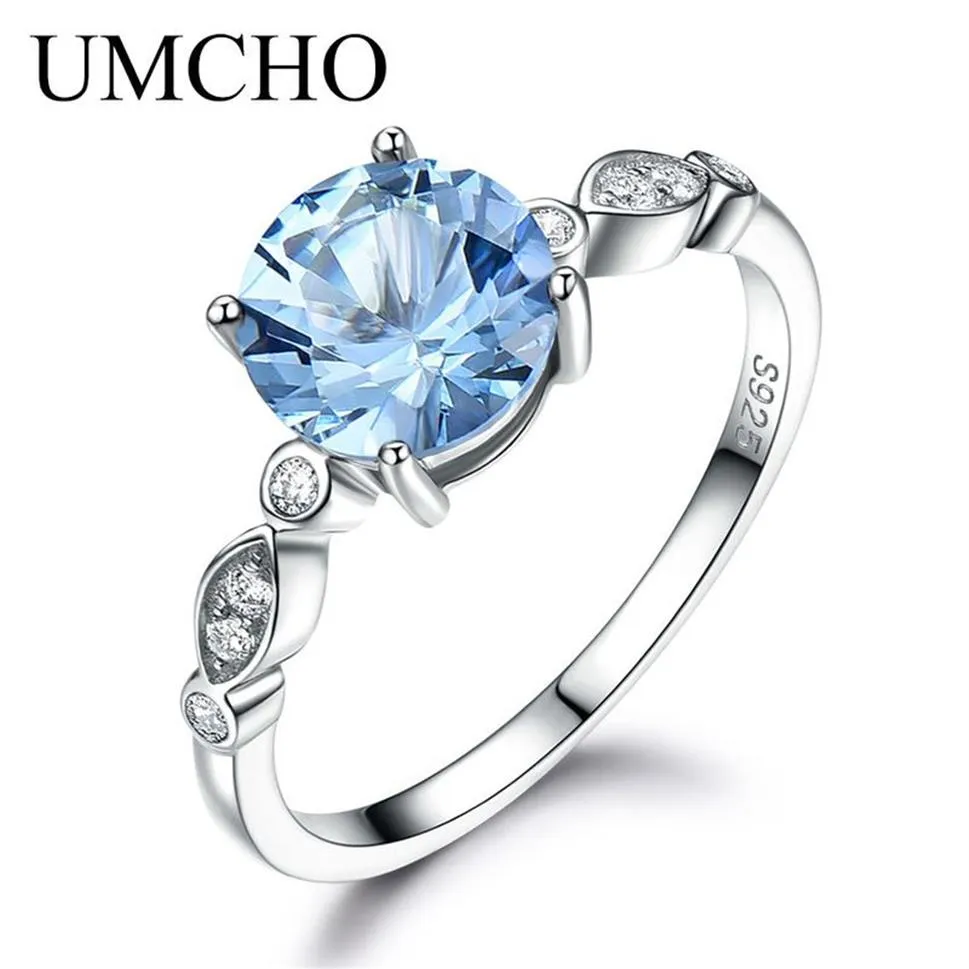 Umcho Sky Blue Topaz Silver Pierścień Kobieta Solid 925 Srebrne pierścienie dla kobiet Wedding Pround Birthstone Aquamarine Gemstoney1882262b