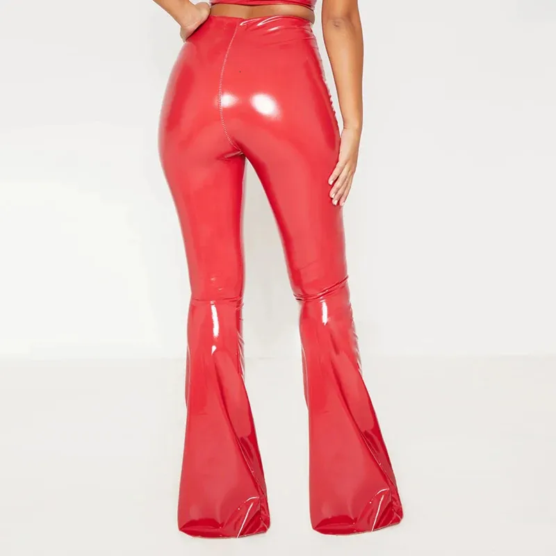 Jeans de jeans Red LaTex Leatra de cintura alta Flare Mulheres Mulheres esticadas Slim PVC Pants Pontas Lady Lady Pu Troushers Party Custom 231031