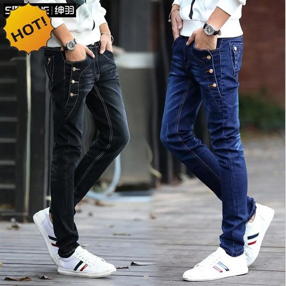Whole-Fashion Teenagers Stretch Slim Fit Black And Blue Button Designers Casual Jeans Boys Hip Hop City Streetwear Men Pencil 231s
