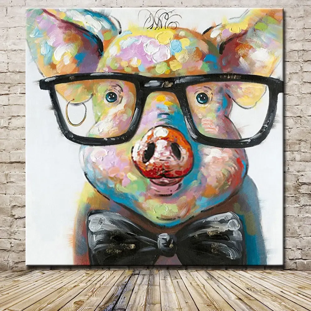 Peinture à l'huile abstraite moderne sur toile, copie portant des lunettes, cochon, Animal, Art mural, photo sur image, faite à la main pour chambre d'enfant, décoration de la maison, cadeaux de Noël