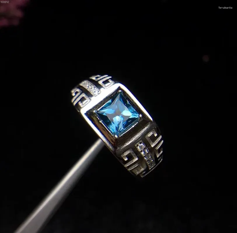 Küme halkaları gerçek ve doğal mavi topaz halka adam 925 Sterling gümüş 5 5mm mücevher erkekler için iyi el işçiliği takı