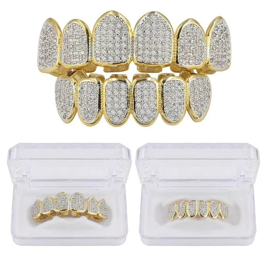 Hip Hop Classic Teeth Grills Golde Color Plated CZ Micro Pave Exclusive Top Bottom Gold Grillz Set268h