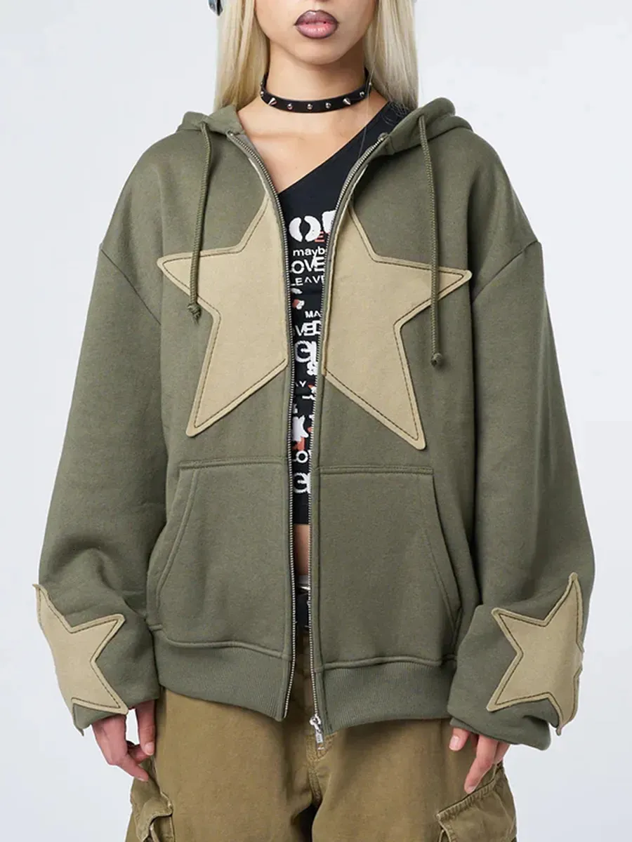 Dames Hoodies Sweatshirts Y2k Zip Up Star Print Lange mouw Grafische Capuchon Esthetische Oversized Jas Harajuku Streetwear 231031