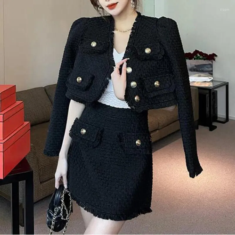 ワークドレスZawfl秋の女性ツイードスカートスーツファッションタッセル格子縞の短いジャケットとハイウエストミニ2ピースセット