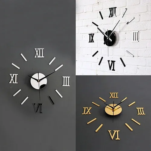 Horloges murales 3D acrylique miroir surface chiffres romains horloge autocollants maison bricolage décor 10WG 231030