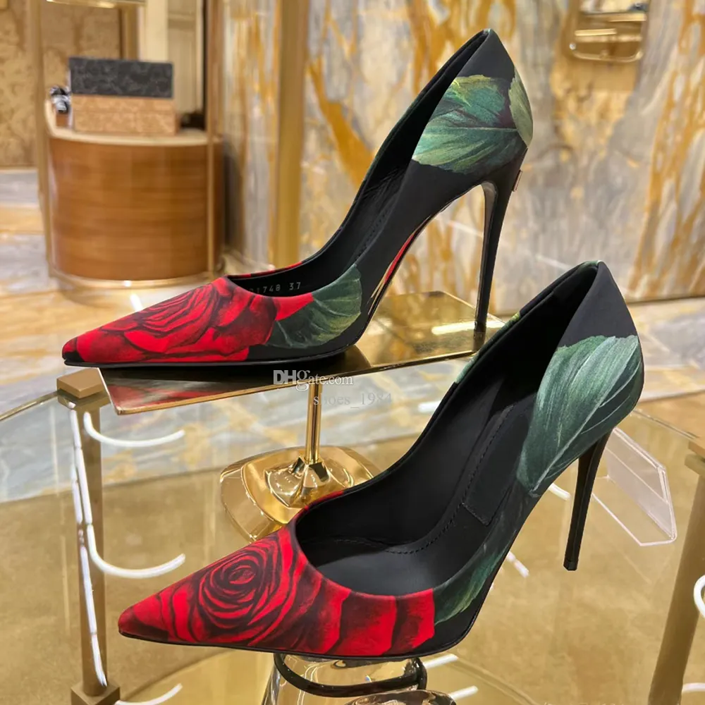 Designer Femmes Chaussures À Talons Hauts Rétro Rose Imprimé Chaussures Habillées Rouges 10cm Talon Aiguille Noir Bouts Pointus Satin Femme Pompes Fête De La Mode Chaussures De Soirée Avec boîte 35-42