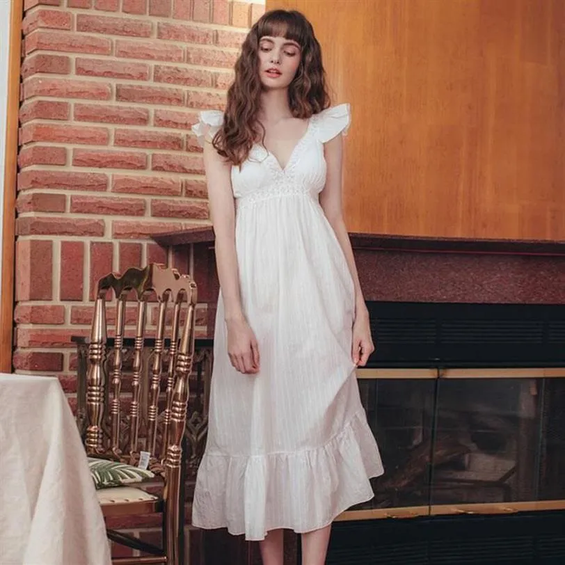 Women's Sleepwear Tulin Fashion Long Night Dress Nightgown White Summer Deep V Cotton Dressing Gown Lotus Sleeve Homewear Pin280i