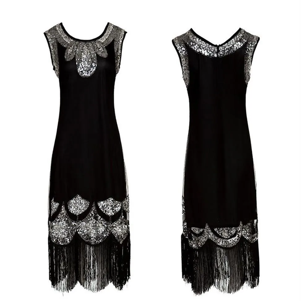 Stretchy Little Black Dress Midi Vestido Women 1920s Vintage Beaded Fringe Sequin Flapper Dress Gatsby Tunic Top Shift Dress2951