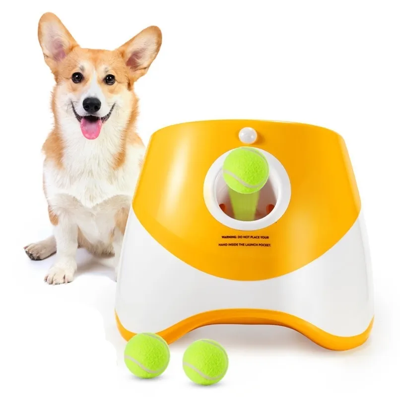 Dog Toys tuggar laddningsbara hundtennisskyttare Automatiska husdjursleksaks leksak mini tennis kastar pinball maskin rolig interaktiv kast enhet 231031