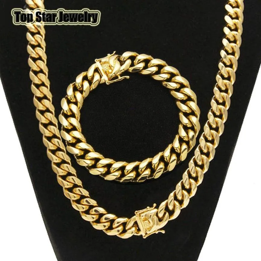 Set di gioielli in acciaio inossidabile di alta qualità placcato oro 18 carati con chiusura a scatto del drago braccialetti con collana a maglia cubana per catena da uomo 1254b