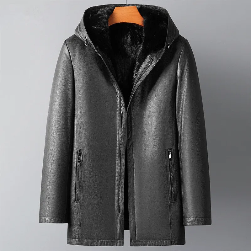Мужская черная куртка с капюшоном из овчины, кожаные куртки, зимняя шуба, толстая теплая ветровка, верхняя одежда L, XL, XXL, XXXL