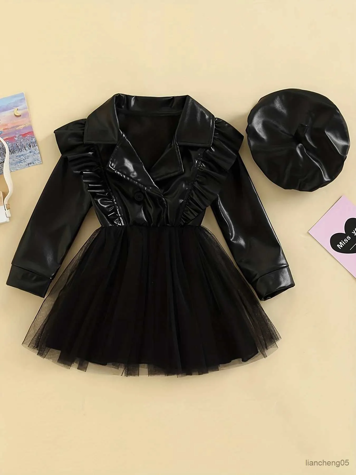 Girl's Dresses 4-7 Years Old Spring And Autumn New And Young Children Girls Leather Fashion Mesh Skirt With Peret Daily Casual Dress