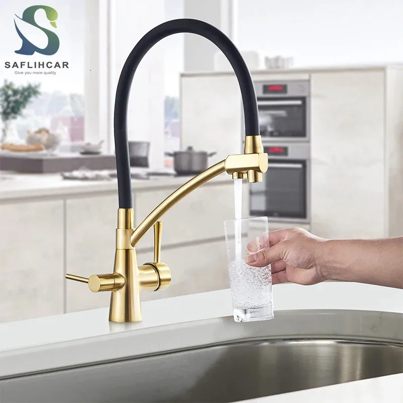 Kitchen Faucets Brushed Golden Sink Faucet Pure Water Pulldown 360 Rotation Mixer Cold Purification faucet 231030