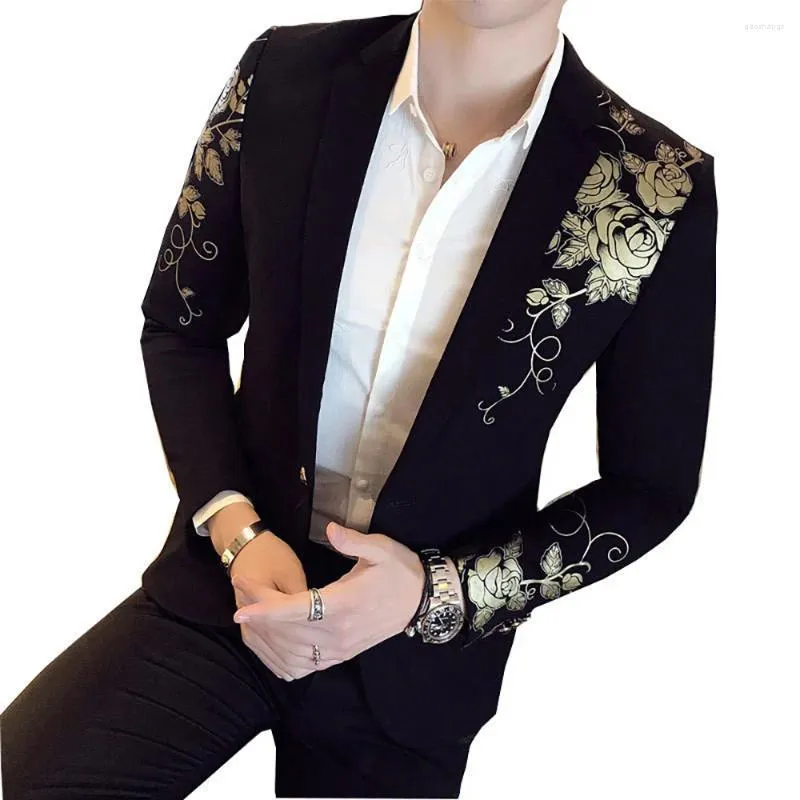 Costumes pour hommes 2023 Blazer de luxe imprimé or Slim Fit hommes scène tissu fête sociale robe de mariée mâle noir costume veste