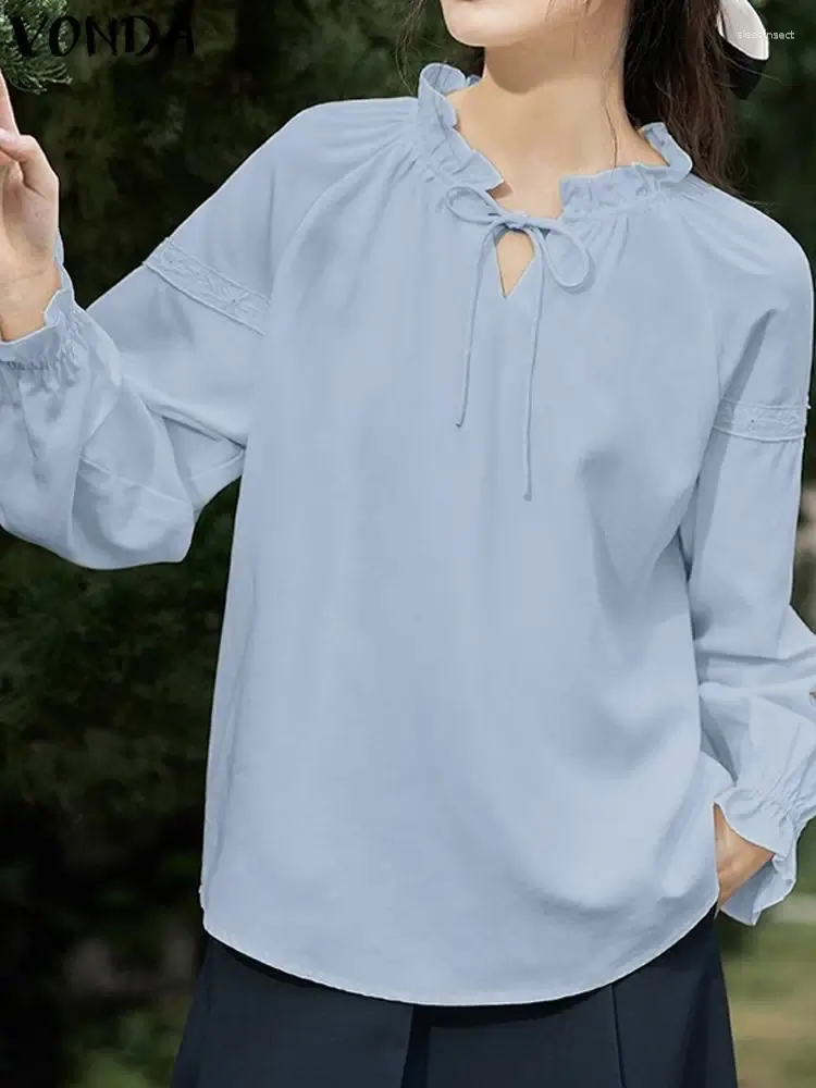 Blouses Femmes VONDA Casual Chemisier à volants Femmes Élégantes Tuniques Tops 2023 Mode Manches longues Lâche Chemises de couleur unie Automne Blusas