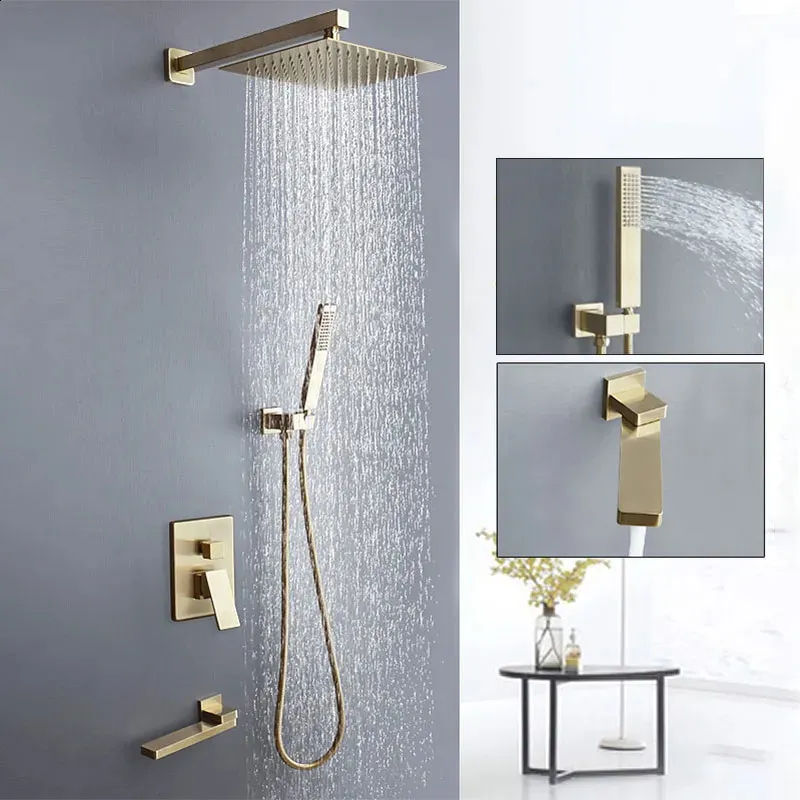 Bathroom Shower Heads Concealed Brushed Gold Set Hidden 3 Way Faucet System Wall Mounted Bathtub Rain Mixer Tap 231030