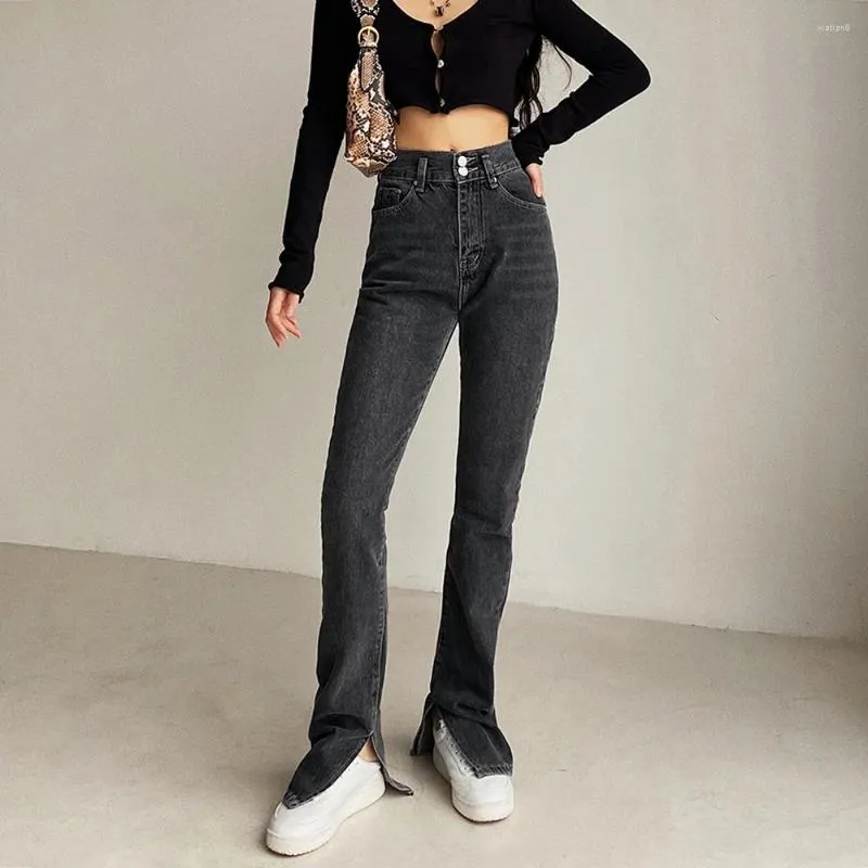 Jeans pour femmes printemps automne vintage taille haute taille haute ourlet fendu femmes gris noir coton évasé pantalons longs dames pantalons en denim à jambes larges