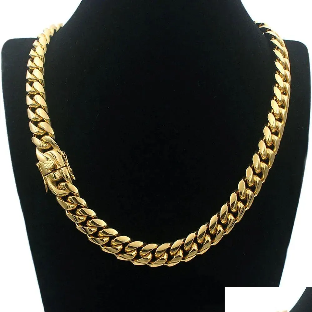 Chaînes Hommes Cubain Chaîne Collier Bijoux En Acier Inoxydable Haute Poli Hip Hop Curb Link Double Fermoirs De Sécurité 18K Estampillé 14mm De 1 Dhepn