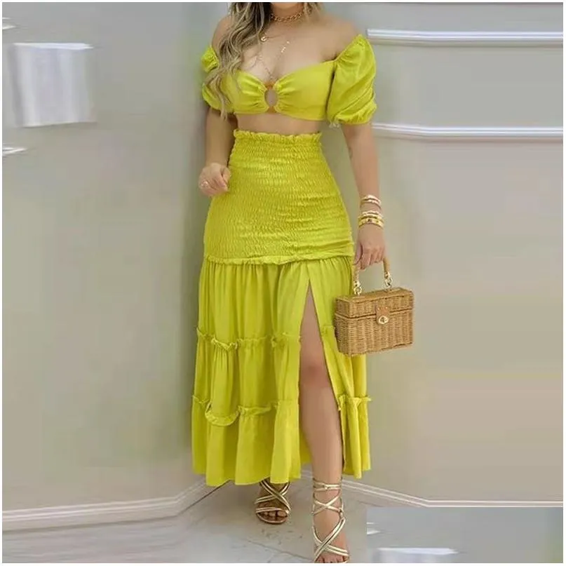 Robe de deux pièces Femmes Ensemble élégant Tenues O-Ring Crop Top Volant Ourlet Froncé Fente Maxi Jupe Casual Été 210521 Drop Delivery Appar Dhysk