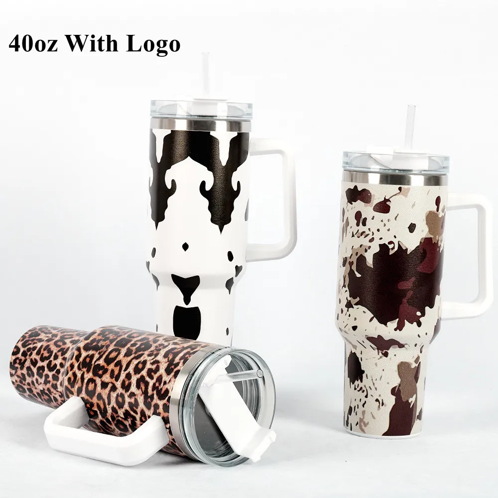 Med logotyp 40oz rostfritt stål tumlar koppar med lock och halm cheetah ko tryck leopard värme bevarande rese bil muggar stora kapacitet vatten flaskor 1031
