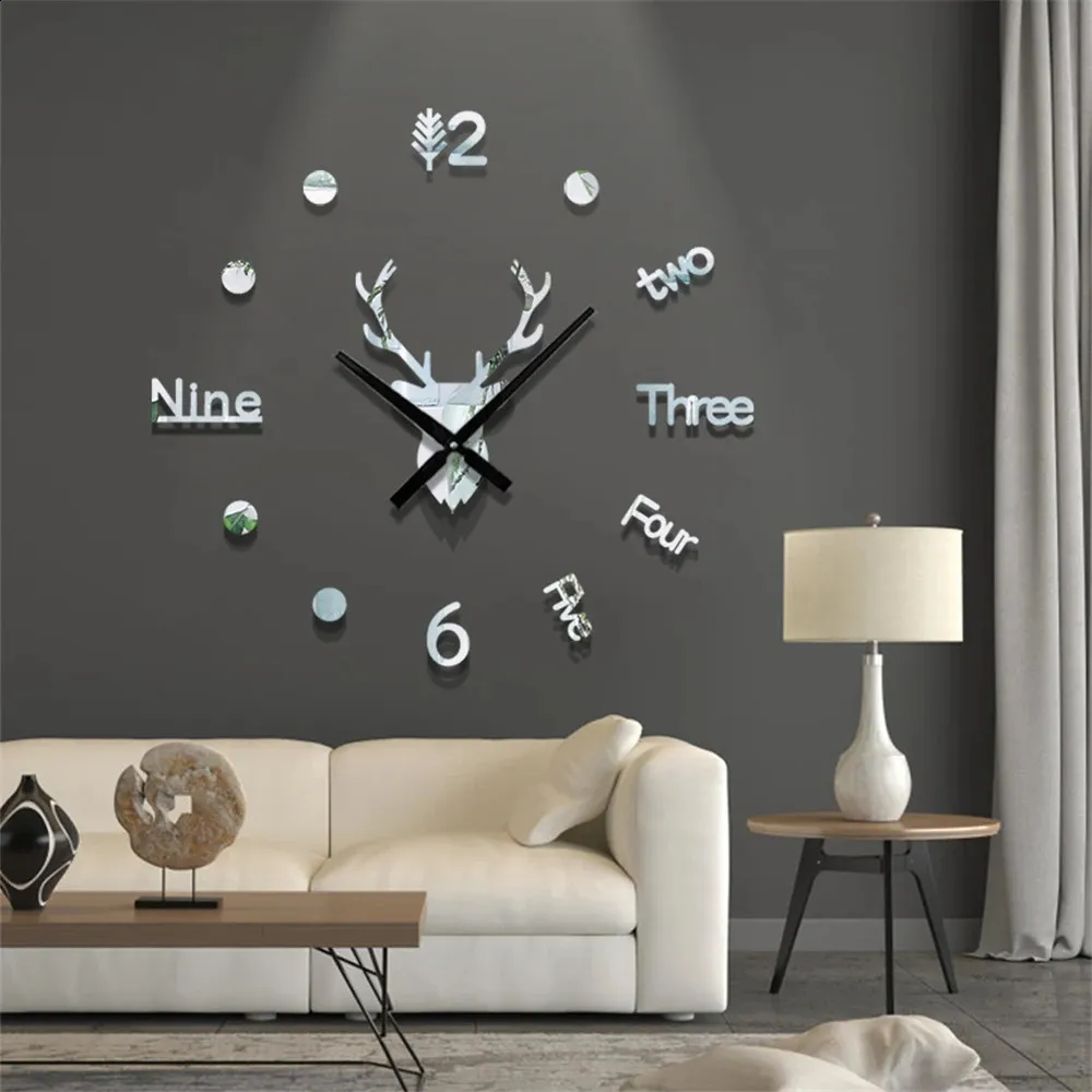 Horloges murales Grande tête de cerf acrylique miroir horloge autocollant montre à quartz décoration de la maison salon 231030