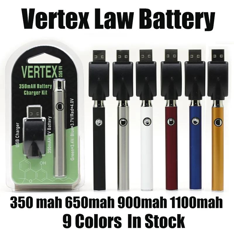 Vertex Law Bateria 350mAh 650mAh 900mAh 1100mAh Vape Pré-aqueça Baterias Variável Tensão Blister Kits de carregador USB para cartucho de 510 fios 9 cores caneta