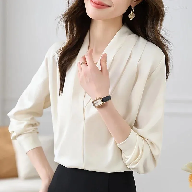 Blouses pour femmes 2023 décontracté vêtements féminins Style coréen hauts mode en mousseline de soie col en v chemisier élégant bureau dame chemises à manches longues 29464