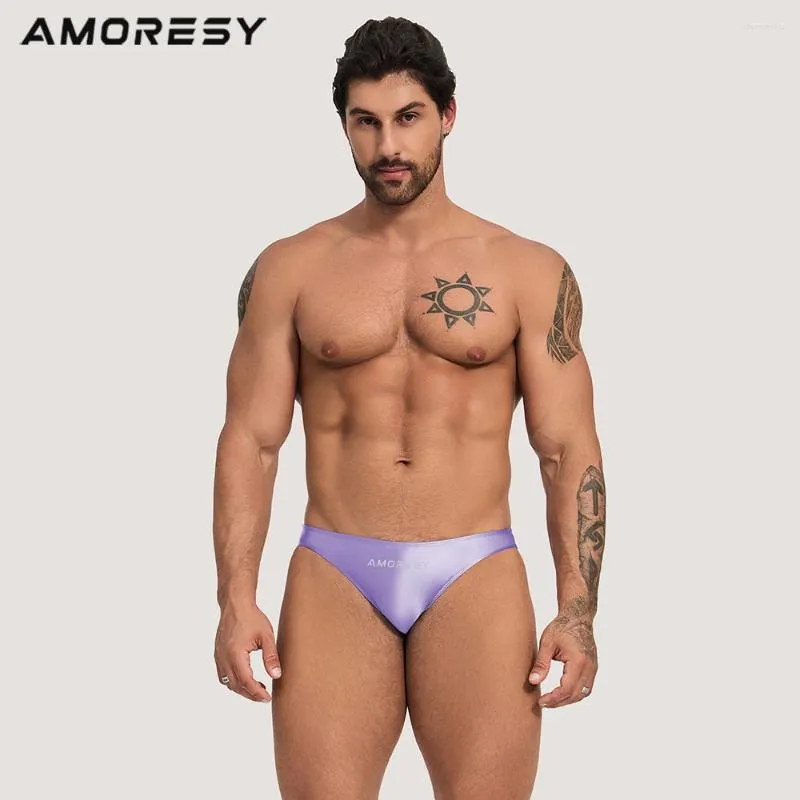 Roupa de banho masculina AMORSY cor sólida spandex cintura baixa sexy esportes triângulo calções de banho